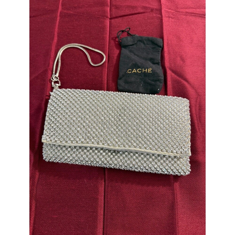 Cache Women's Bling Rhinestone Embellished Evening Bag Silver Clutch Wristlet
